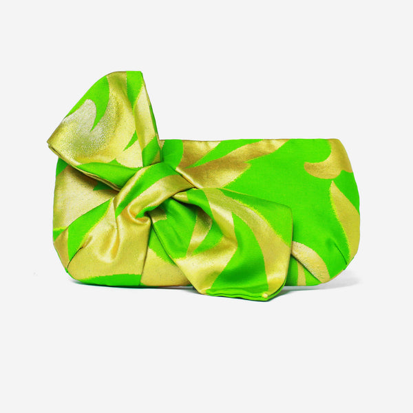 Heritage ReFashioned | Kimono Obi Bow Clutch - Floral In Gold & Green